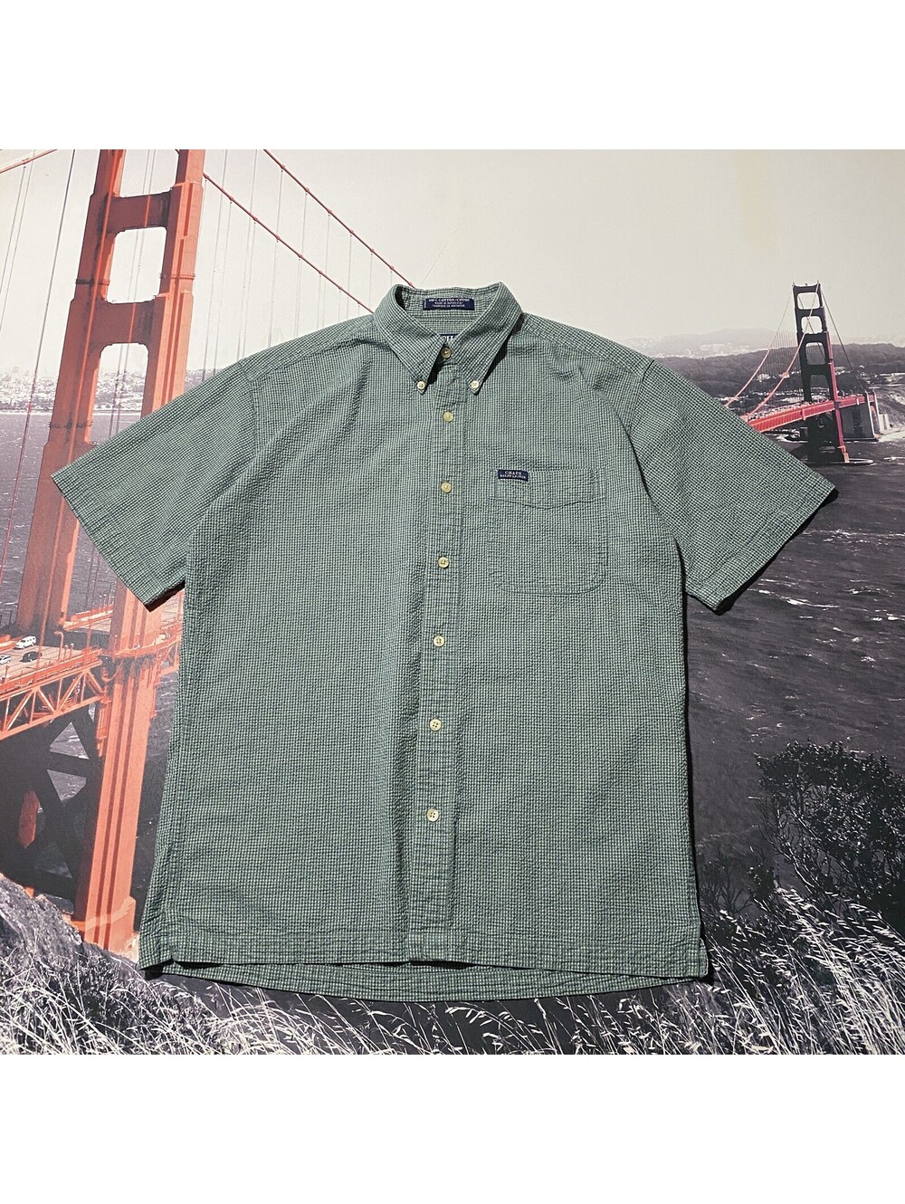 VTG Chaps Ralph Lauren Shirt Mens Medium Short Sleeve Striped Textured Green
